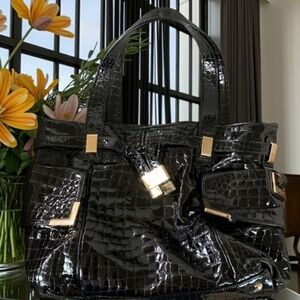 Michael Kors Beverly Satchel - Embossed Black Patent Leather - Gold  EUC